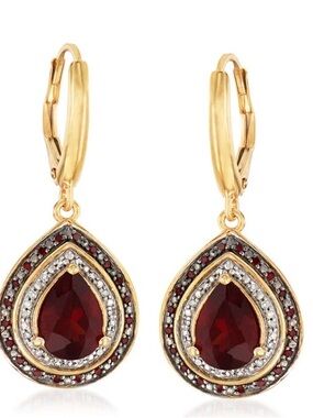 Ross-Simons Gold-Tone Red Garnet and White Diamond Teardrop Earrings